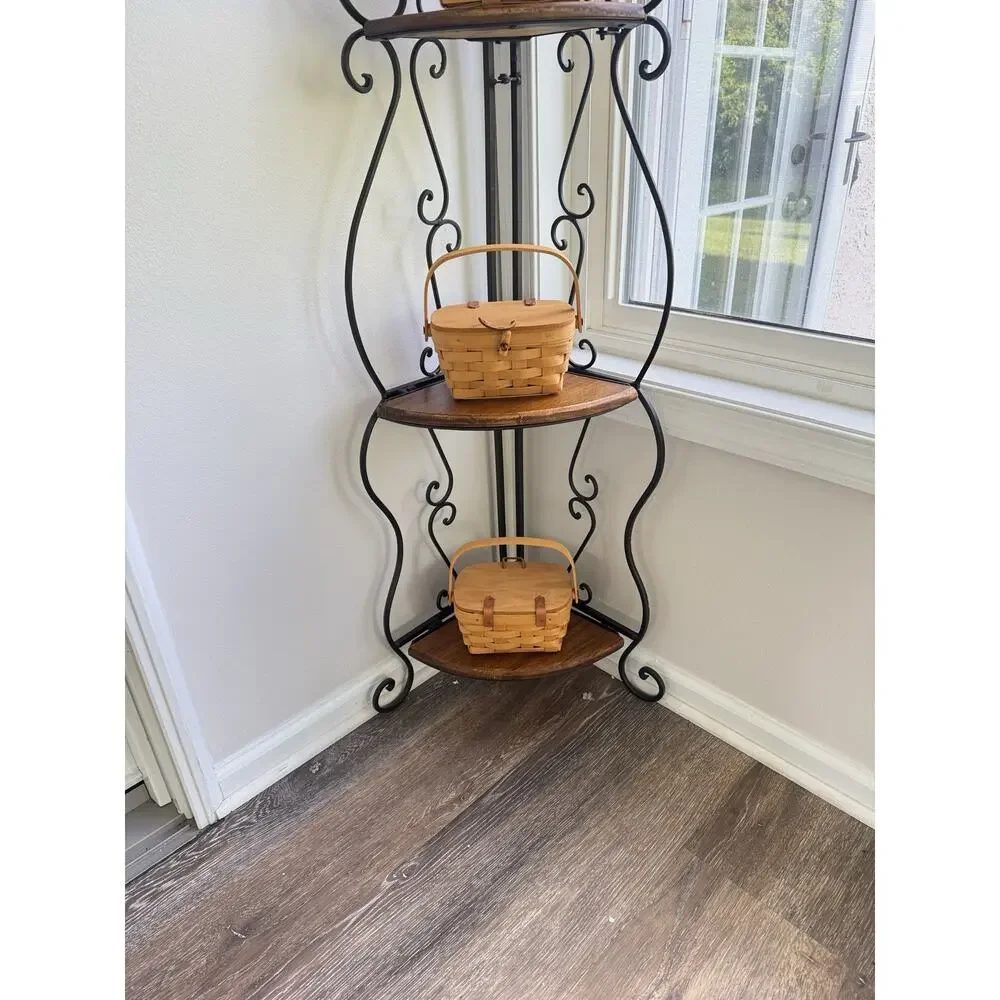 Vintage 3 Tier Folding Corner Shelf Wrought Iron Wood Etagere Plant Stand 48